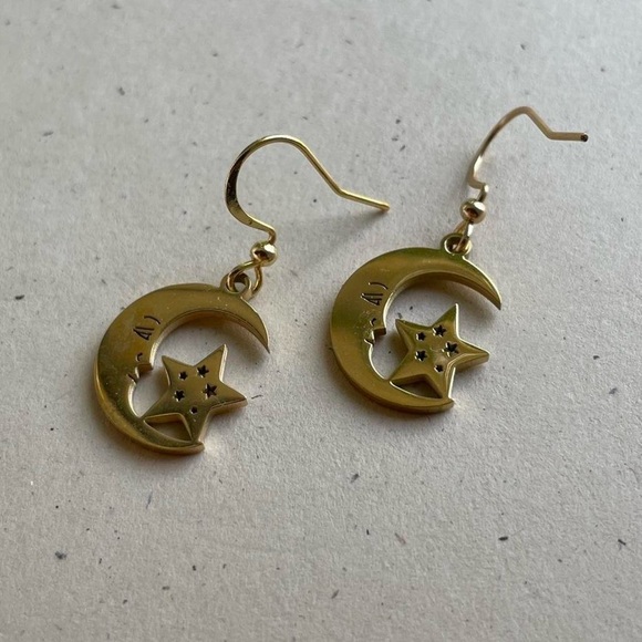 Gold Moon and Star Dangle Charm Earrings - Picture 2 of 5